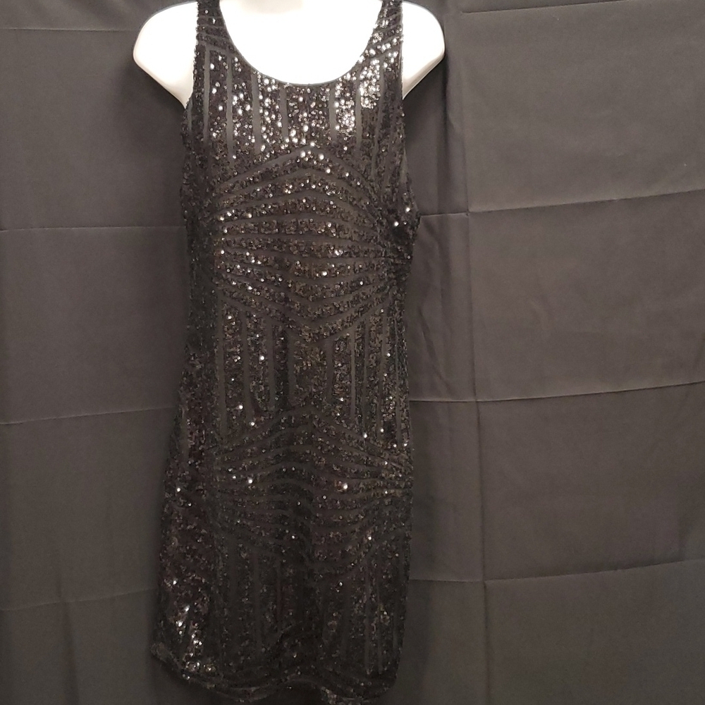 Rhapsody Black Sequin Midi Dress SZ LG